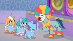 Size: 3072x1727 | Tagged: safe, derpibooru import, screencap, earth pony, pegasus, pony, unicorn, my little pony: tell your tale, spoiler:g5, spoiler:my little pony: tell your tale, spoiler:tyts01e30, clown, clown makeup, clown nose, cute, eyes closed, female, filly, foal, g5, glory (g5), high res, image, jpeg, male, nightmare night party, open mouth, open smile, peach fizz, pippsqueak trio, red nose, rufus (g5), seashell (g5), smiling, stallion, youtube link