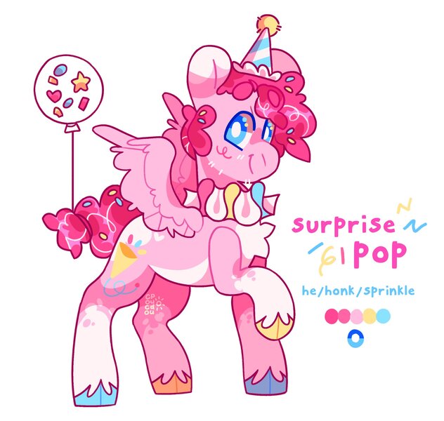 Size: 2048x1943 | Tagged: safe, artist:cocopudu, derpibooru import, oc, oc:surprise pop, unofficial characters only, pegasus, pony, balloon, cloven hooves, hat, image, jpeg, male, party hat, pronouns, simple background, smiling, solo, spread wings, stallion, twitterina design, unshorn fetlocks, white background, wings