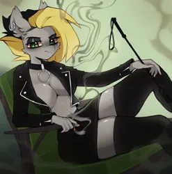 Size: 1280x1296 | Tagged: suggestive, artist:astralblues, derpibooru import, oc, oc:tlen borowski, unofficial characters only, anthro, cigarette, clothes, eyeshadow, image, jacket, jpeg, leather jacket, makeup, no bra underneath, open jacket, riding crop, skirt, smoking, socks, solo, thigh highs, zettai ryouiki