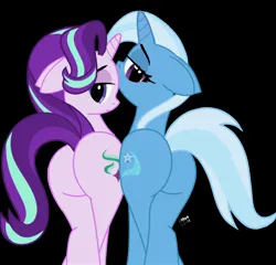 Size: 2992x2878 | Tagged: suggestive, artist:sarahthefox97, artist:twintailsinc, derpibooru import, starlight glimmer, trixie, pony, unicorn, black background, butt, duo, duo female, female, g4, glimmer glutes, image, jpeg, looking at you, looking back, looking back at you, mare, plot, simple background, the great and powerful ass, trace