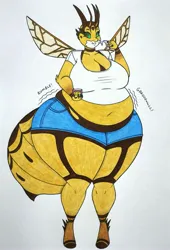 Size: 2384x3505 | Tagged: suggestive, artist:thaliaglacyswells, derpibooru import, oc, oc:bee berry, anthro, belly, fun paste, image, jpeg, sequence, stomach noise, thighs, traditional art