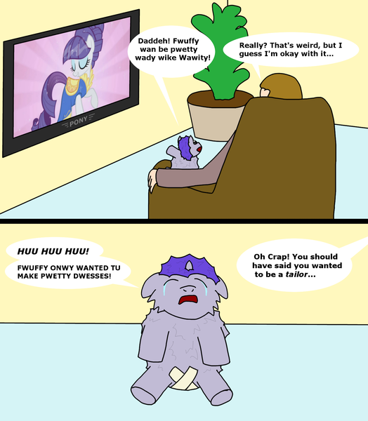 Size: 1500x1716 | Tagged: grimdark, questionable, artist:foxhoarder, derpibooru import, rarity, fluffy pony, human, unicorn, abuse, armchair, bandaid, castration, chair, crying, fluffy pony grimdark, fluffy pony original art, image, misunderstanding, no nut november, png, television, tv show, watching tv