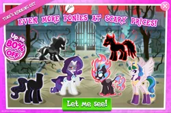Size: 1962x1304 | Tagged: safe, derpibooru import, idw, official, autumn blaze, pony of shadows, princess celestia, rarity, smudge (character), the headless horse (character), alicorn, headless horse, kirin, nirik, pony, unicorn, reflections, spoiler:comic, blank eyes, cloak, cloaked, clothes, crown, curved horn, dark magic, darkness, doctor doomity, evil celestia, evil counterpart, female, fire, gameloft, glow, glowing eyes, headless, hood, horn, idw showified, image, jewelry, jpeg, magic, male, mane of fire, mare, mask, mirror universe, red eyes, regalia, shadow, spread wings, stallion, tyrant celestia, wings
