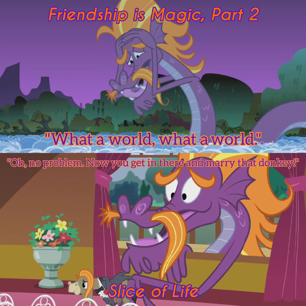Size: 1920x1920 | Tagged: safe, derpibooru import, edit, edited screencap, editor:itsmgh1203, screencap, cranky doodle donkey, steven magnet, donkey, sea serpent, friendship is magic, season 1, season 5, slice of life (episode), duo, duo male, image, jpeg, male, open mouth, open smile, ponyville town hall, smiling, text