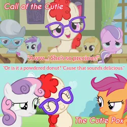 Size: 1920x1920 | Tagged: safe, derpibooru import, edit, edited screencap, editor:itsmgh1203, screencap, diamond tiara, scootaloo, silver spoon, sweetie belle, twist, earth pony, pegasus, pony, unicorn, call of the cutie, season 1, season 2, the cutie pox, ^^, eyes closed, female, filly, foal, glasses, image, jpeg, open mouth, open smile, ponyville schoolhouse, smiling, text