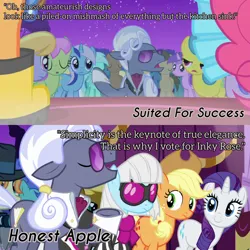 Size: 1920x1920 | Tagged: safe, derpibooru import, edit, edited screencap, editor:itsmgh1203, screencap, amethyst star, applejack, hoity toity, lemon hearts, lyra heartstrings, minuette, photo finish, pinkie pie, rarity, earth pony, pony, unicorn, honest apple, season 1, season 7, suited for success, :o, applejack's hat, clothes, cowboy hat, dress, eyes closed, female, hat, image, jpeg, male, mare, night, offscreen character, open mouth, open smile, smiling, stallion, text