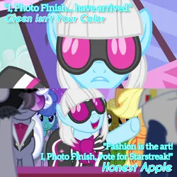 Size: 1920x1920 | Tagged: safe, derpibooru import, edit, edited screencap, editor:itsmgh1203, screencap, applejack, hoity toity, inky rose, photo finish, starstreak, earth pony, pony, green isn't your color, honest apple, season 1, season 7, applejack's hat, carousel boutique, cowboy hat, female, hat, image, jpeg, male, mare, open mouth, open smile, smiling, stallion, text