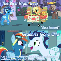 Size: 1920x1920 | Tagged: safe, derpibooru import, edit, edited screencap, editor:itsmgh1203, screencap, applejack, rainbow dash, soarin', earth pony, pegasus, pony, grannies gone wild, season 1, season 8, the best night ever, spoiler:s08, apple, apple pie, applejack's hat, clothes, cowboy hat, eyes closed, female, food, goggles, grin, hat, image, jpeg, male, mare, open mouth, open smile, pie, smiling, stallion, text, uniform, wonderbolts uniform