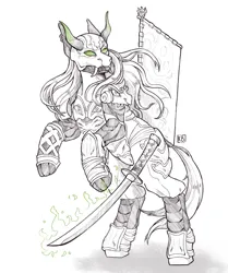 Size: 2062x2467 | Tagged: safe, artist:karamboll, derpibooru import, ponified, demon, pony, armor, crossover, fangs, horns, image, japanese, katana, long hair, mask, moon runes, png, samurai, sketch, solo, soul calibur, standing, sword, weapon