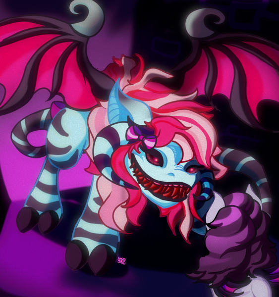 Size: 2665x2842 | Tagged: safe, artist:umbrapone, derpibooru import, oc, oc:nightshine, oc:razor smile, bat pony, demon, demon pony, original species, pony, bat ears, bat wings, black sclera, bow, cloven hooves, confrontation, evil grin, fangs, fighting stance, folded wings, glow, glowing eyes, grin, image, leonine tail, long tail, looming over, mane bow, messy mane, oh shit, png, sharp teeth, size difference, smiling, sparkly eyes, spread wings, striped mane, striped tail, stripes, tail, tail bow, teeth, this will not end well, wings