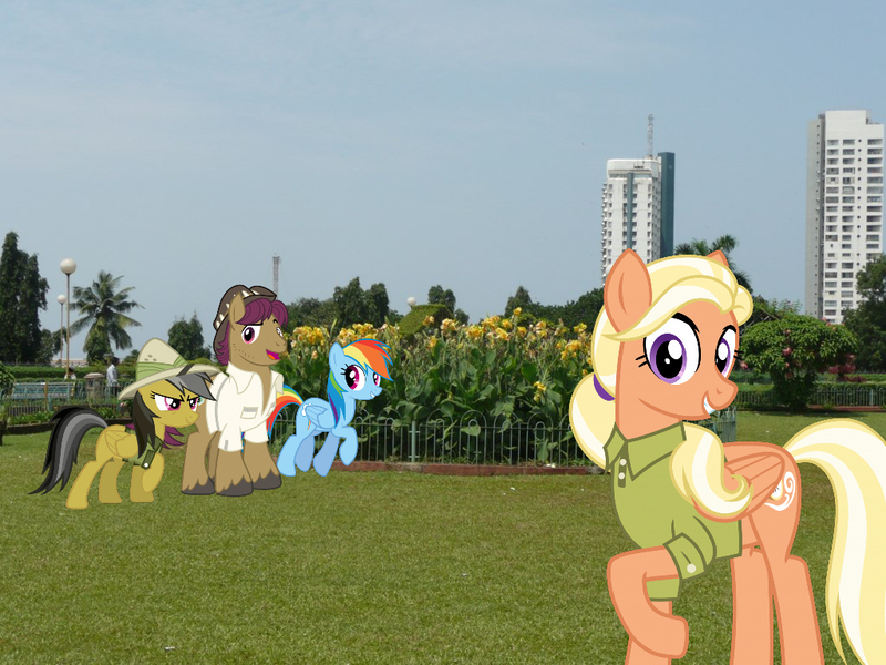 Size: 1024x768 | Tagged: safe, artist:anxet, artist:cheezedoodle96, artist:piranhaplant1, derpibooru import, edit, daring do, mane allgood, rainbow dash, snap shutter, earth pony, pegasus, pony, clothes, female, garden, hat, image, india, irl, jpeg, male, mare, mumbai, photo, ponies in real life, shirt, stallion, story included