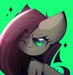 Size: 1950x2000 | Tagged: safe, artist:miryelis, derpibooru import, fluttershy, pegasus, pony, big ears, bust, glow, green background, green eyes, image, long hair, looking at you, png, signature, simple background, smiling, smiling at you, solo