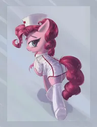 Size: 3000x3934 | Tagged: safe, artist:vultraz, derpibooru import, pinkie pie, earth pony, pony, abstract background, balloonbutt, butt, clothes, cutie mark, female, grin, hat, image, looking at you, looking back, looking back at you, mare, nurse, nurse hat, nurse outfit, pinktober, plot, png, smiling, socks, walking