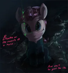 Size: 3000x3185 | Tagged: safe, artist:vultraz, derpibooru import, pinkie pie, earth pony, pony, alien covenant, clothes, female, image, jumpsuit, laser, looking at you, mare, pinktober, png, sitting, talking, text
