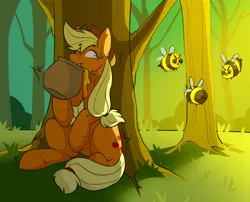 Size: 3480x2808 | Tagged: safe, artist:rico_chan, derpibooru import, applejack, bee, earth pony, insect, pony, food, forest, honey, huevember, image, png, sketch, solo, tree
