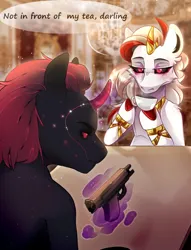 Size: 1427x1870 | Tagged: safe, artist:eydanpark, artist:kwiateko, derpibooru import, oc, unicorn, dinner, food, gun, horn, image, jewelry, jpeg, magic, multicolored hair, table, tea, weapon