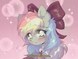 Size: 2048x1536 | Tagged: safe, artist:pierogarts, derpibooru import, oc, oc:blazey sketch, unofficial characters only, pegasus, blushing, bow, clothes, green eyes, grey fur, hair bow, heart, heart eyes, image, jpeg, looking at you, multicolored hair, pink background, simple background, smiling, smiling at you, solo, sweater, wingding eyes