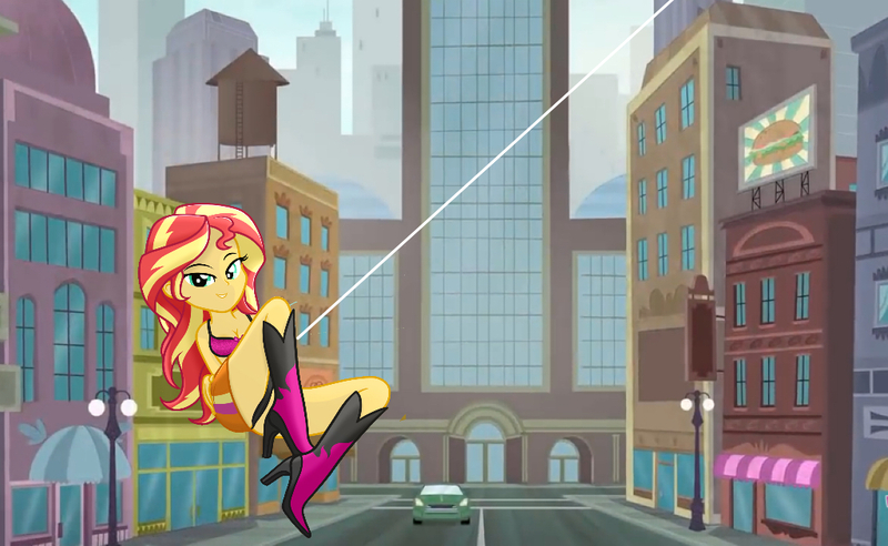 Size: 1024x630 | Tagged: suggestive, artist:tabrony23, derpibooru import, edit, editor:sunsetfan123, sunset shimmer, equestria girls, canterlot city, clothes, fetish, grappling hook, image, jpeg, sweat, swinging, underwear