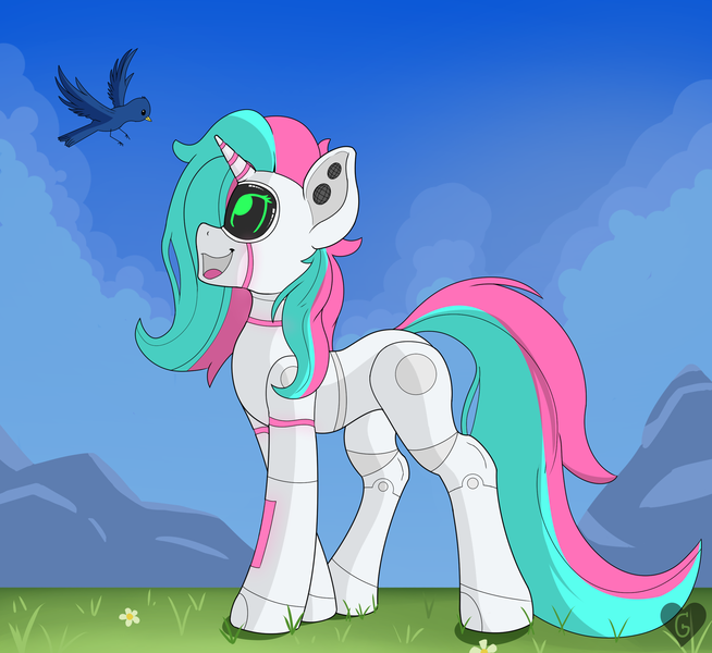 Size: 2446x2244 | Tagged: safe, artist:gnashie, derpibooru import, oc, oc:cyber rose, unofficial characters only, bird, pony, robot, robot pony, unicorn, cloud, grass, happy, horn, image, light, looking up, mountain, open mouth, png, screen, sky, unicorn oc