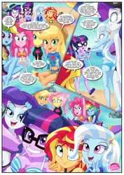 Size: 850x1202 | Tagged: suggestive, artist:bbmbbf, applejack, fluttershy, pinkie pie, rainbow dash, rarity, sci-twi, sunset shimmer, trixie, twilight sparkle, comic:party at rainbow cove, equestria untamed, equestria girls, beach, bikini, clothes, comic, image, jpeg, palcomix, selfie, swimsuit