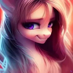 Size: 1024x1024 | Tagged: safe, derpibooru import, machine learning generated, purplesmart.ai, stable diffusion, oc, unnamed oc, earth pony, pony, cute, eyebrows, eyelashes, female, image, jpeg, looking left, mare, messy mane, purple eyes, smiling, solo, watermark