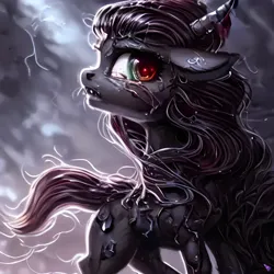 Size: 1024x1024 | Tagged: semi-grimdark, derpibooru import, machine learning generated, purplesmart.ai, stable diffusion, oc, unnamed oc, pony, anatomically incorrect, image, jpeg, messy, messy mane, messy tail, red eyes, tail, watermark