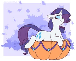 Size: 2550x2050 | Tagged: safe, artist:graphene, derpibooru import, part of a set, rarity, pony, unicorn, eyes closed, female, floppy ears, horn, image, leaves, lying down, mare, png, prone, pumpkin, signature, smiling, solo