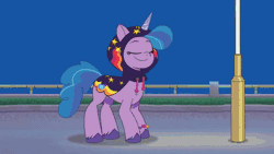 Size: 800x450 | Tagged: safe, derpibooru import, screencap, izzy moonbow, pony, unicorn, my little pony: tell your tale, spoiler:g5, spoiler:my little pony: tell your tale, spoiler:tyts01e34, animated, disguise, excited, eyes closed, female, g5, gif, hood, image, magic, magic glow, mare, smiling, sneaksy, sneaksy strikes again, solo, street lamp, twirl, youtube link