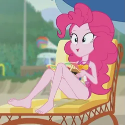 Size: 711x713 | Tagged: safe, derpibooru import, screencap, pinkie pie, equestria girls, equestria girls series, friendship math, bare shoulders, barefoot, clothes, cute, diapinkes, feet, female, happy, image, magazine, one-piece swimsuit, pinkie pie swimsuit, png, sleeveless, solo, swimsuit