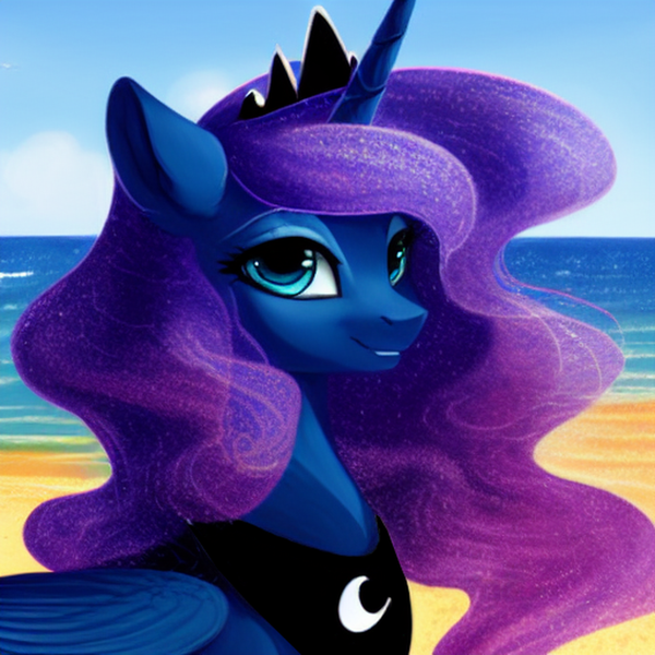 Size: 1024x1024 | Tagged: safe, derpibooru import, editor:dovakkins, machine learning generated, purplesmart.ai, stable diffusion, princess luna, alicorn, pony, alternate hairstyle, beach, beautiful, crown, female, image, jewelry, mare, ocean, peytral, png, regalia, sand, smiling, solo, water