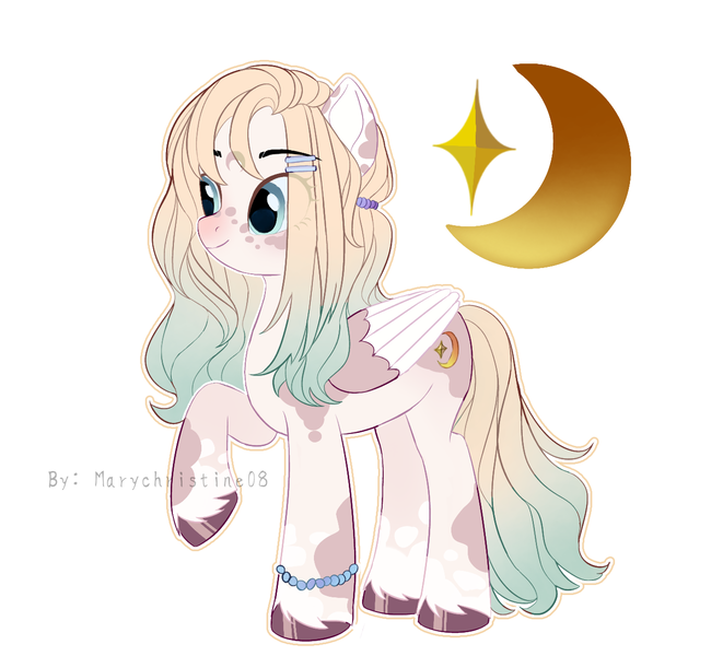 Size: 1306x1185 | Tagged: safe, artist:marychristine08, derpibooru import, oc, unofficial characters only, pegasus, pony, crescent moon, female, image, mare, moon, pegasus oc, png, raised hoof, smiling, solo, unshorn fetlocks, wings