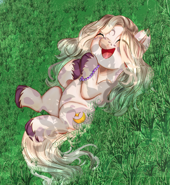 Size: 1001x1088 | Tagged: safe, artist:marychristine08, derpibooru import, oc, unofficial characters only, earth pony, pony, :d, bracelet, earth pony oc, eyes closed, female, grass, image, jewelry, lying down, mare, on back, open mouth, open smile, outdoors, png, smiling, solo, unshorn fetlocks