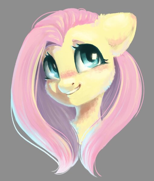 Size: 870x1023 | Tagged: safe, artist:melodylibris, derpibooru import, fluttershy, pegasus, pony, blushing, bust, cute, female, floppy ears, fluffy, gray background, grin, image, jpeg, looking up, mare, shyabetes, simple background, smiling, solo