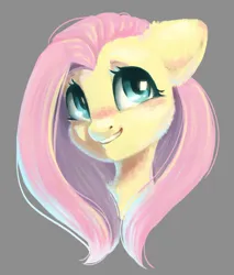 Size: 870x1023 | Tagged: safe, artist:melodylibris, derpibooru import, fluttershy, pegasus, pony, blushing, bust, cute, female, floppy ears, fluffy, gray background, grin, image, jpeg, looking up, mare, shyabetes, simple background, smiling, solo