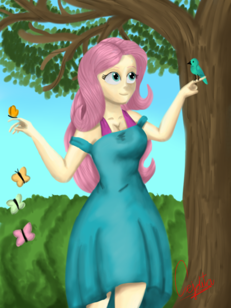 Size: 768x1024 | Tagged: safe, artist:cjv2004, derpibooru import, fluttershy, bird, butterfly, human, insect, pegasus, equestria girls, adorasexy, breasts, busty fluttershy, cleavage, cute, humanized, image, png, sexy, shyabetes, solo, tree