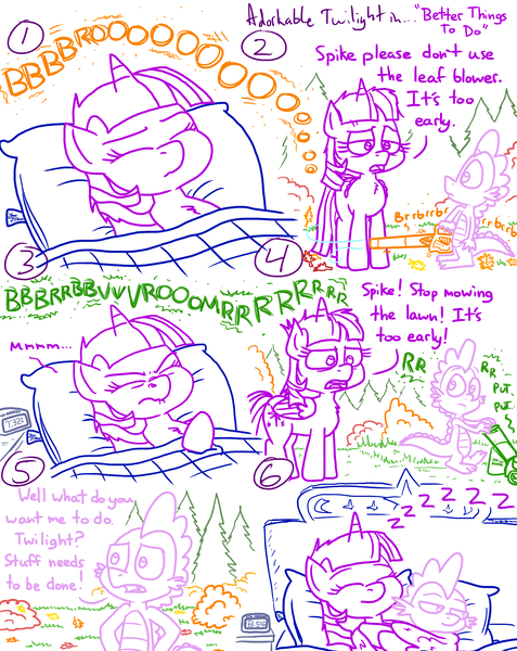 Size: 4779x6013 | Tagged: safe, artist:adorkabletwilightandfriends, derpibooru import, spike, twilight sparkle, twilight sparkle (alicorn), alicorn, comic:adorkable twilight and friends, adorkable, adorkable twilight, autumn, awakening, bed, bedroom, blanket, comic, cute, disturbed, dork, family, friendship, grass, holding, hug, image, lawn mower, leaf blower, leaves, love, nostril flare, nostrils, pillow, png, sleeping, sleepy, slice of life, snuggling, squeezing, working, yard