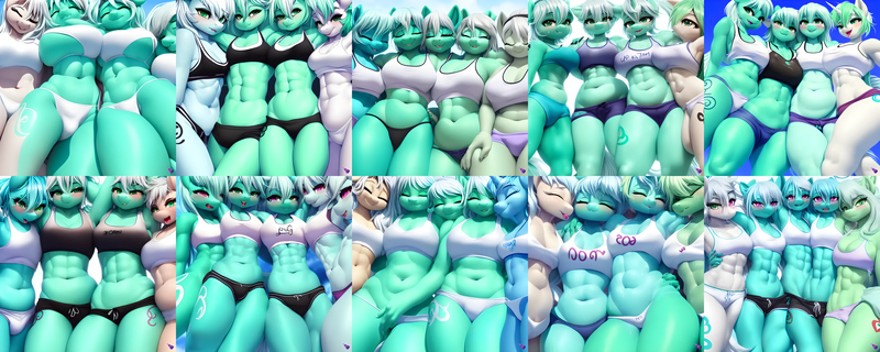 Size: 7680x3072 | Tagged: suggestive, derpibooru import, machine learning generated, purplesmart.ai, stable diffusion, lyra heartstrings, anthro, unicorn, abs, belly button, blushing, breasts, chubby, clothes, cute, eyes closed, female, group hug, happy, hug, image, jpeg, low angle, lyrabetes, lyrageddon, machine learning abomination, midriff, missing horn, not lyra, panties, sexy, shorts, siblings, sisters, smiling, snuggling, sports bra, sports shorts, sweat, thighs, thong, tongue out, underwear, waifu
