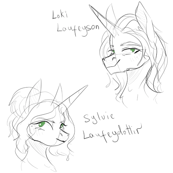 Size: 1600x1600 | Tagged: safe, artist:ie nebulizer, derpibooru import, ponified, pony, unicorn, female, image, loki, male, mare, marvel, marvel cinematic universe, png, sketch, stallion, sylvie