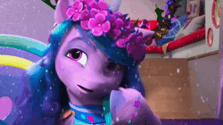 Size: 1280x716 | Tagged: safe, derpibooru import, screencap, izzy moonbow, pony, unicorn, spoiler:g5, spoiler:winter wishday, animated, derp, eyebrows, fake antlers, female, floral head wreath, flower, flower in hair, frown, g5, image, mare, nope, smiling, snow, solo, talking, teeth, thinking, tree branch, webm, winter wishday, wreath