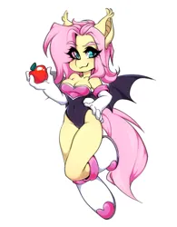 Size: 934x1200 | Tagged: suggestive, artist:tolsticot, derpibooru import, fluttershy, anthro, bat pony, apple, bat ponified, breasts, busty fluttershy, clothes, cosplay, costume, eye clipping through hair, eyebrows, eyebrows visible through hair, female, flutterbat, food, image, png, race swap, rouge the bat, simple background, solo, solo female, sonic the hedgehog (series)