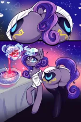 Size: 1000x1500 | Tagged: suggestive, artist:undeadcashew, author:bigonionbean, derpibooru import, princess cadance, princess luna, oc, unofficial characters only, alicorn, pony, 2 panel comic, alicorn oc, alicorn princess, background, butt, caught, clothes, comic, commissioner:bigonionbean, costume, cutie mark, ethereal mane, female, fusion, halloween, halloween costume, holiday, horn, image, large butt, looking at you, love potion, mare, nurse outfit, plot, png, punch (drink), punch bowl, royalty, socks, staring at you, table, wings