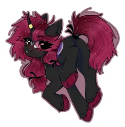 Size: 1428x1445 | Tagged: safe, artist:madkadd, derpibooru import, oc, oc:prism, unofficial characters only, pony, unicorn, butt, curved horn, dock, ethereal mane, eye clipping through hair, female, horn, horn ring, image, jewelry, jpeg, looking at you, looking back, mare, ring, smiling, smiling at you, solo, starry mane, tail, tail wrap, underhoof, unshorn fetlocks