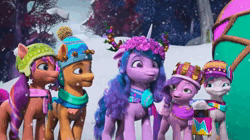 Size: 1280x716 | Tagged: safe, derpibooru import, screencap, hitch trailblazer, izzy moonbow, pipp petals, sparky sparkeroni, sunny starscout, zipp storm, unicorn, spoiler:g5, spoiler:winter wishday, animated, bells, bridlewood, cheerful, clothes, crown, diamonds, fake antlers, floral head wreath, flower, flower in hair, g5, happy, hat, heart, image, jewelry, jumping, leaping, lights, paper crown, regalia, scarf, serious, sheriff's badge, snowmare, snowpony, spinning, toque, tree branch, twirl, webm, winter hat, winter wishday, wreath