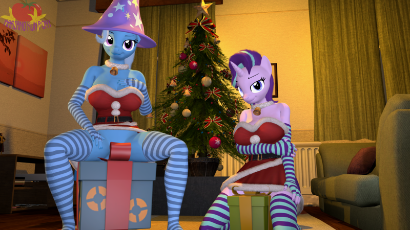 Size: 3840x2160 | Tagged: questionable, artist:marianokun, derpibooru import, bon bon, starlight glimmer, sweetie drops, trixie, anthro, 3d, bottomless, breasts, christmas, christmas stocking, christmas tree, clothes, commission, female, holiday, image, lesbian, looking at you, nudity, partial nudity, png, present, shipping, socks, solo, solo female, source filmmaker, stockings, thigh highs, tree, ych result