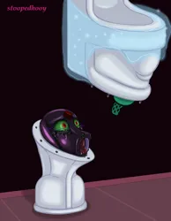 Size: 770x990 | Tagged: semi-grimdark, suggestive, artist:stoopedhooy, derpibooru import, king sombra, princess cadance, unicorn, bondage, broken horn, crying, encasement, eyes on the prize, gag, horn, image, imminent oral, imminent sex, latex, latex suit, living toilet, offscreen character, open mouth, png, ring gag, rubber, stuck, the crystal empire 10th anniversary, through wall, tongue out, urinal