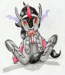 Size: 2704x3096 | Tagged: safe, artist:40kponyguy, derpibooru import, king sombra, pony, unicorn, armor, bunny sitting, cloak, clothes, crystal, cute, derpibooru exclusive, hoof hold, image, jpeg, looking at you, male, simple background, solo, sombradorable, stallion, the crystal empire 10th anniversary, traditional art, underhoof