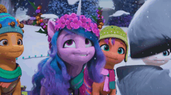 Size: 1280x712 | Tagged: safe, derpibooru import, screencap, hitch trailblazer, izzy moonbow, sunny starscout, zipp storm, spoiler:g5, spoiler:winter wishday, alphabittle blossomforth, animated, bells, charades, clapping, clothes, fake antlers, floral head wreath, flower, flower in hair, g5, gif, hat, image, scarf, sheriff's badge, snow, toque, tree branch, winter, winter hat, winter wishday, wreath