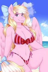 Size: 2000x3000 | Tagged: suggestive, artist:xwhitedreamsx, derpibooru import, oc, oc:bay breeze, anthro, pegasus, pony, beach, belly button, big breasts, bikini, bow, breasts, cleavage, clothes, commission, female, hair bow, image, jpeg, mare, midriff, pegasus oc, solo, swimsuit, wings, ych result