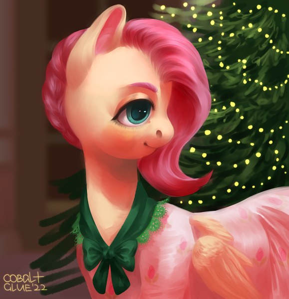 Size: 1930x2000 | Tagged: safe, artist:cobaltthecat, derpibooru import, flutterholly, fluttershy, earth pony, pony, christmas, christmas tree, clothes, dress, female, head turn, holiday, image, mare, png, smiling, solo, tree