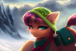 Size: 2112x1408 | Tagged: safe, derpibooru import, editor:craft, machine learning assisted, machine learning generated, purplesmart.ai, stable diffusion, sunny starscout, pony, g5, my little pony: a new generation, spoiler:g5, spoiler:winter wishday, clothes, hat, image, png, scarf, toque, winter, winter wishday